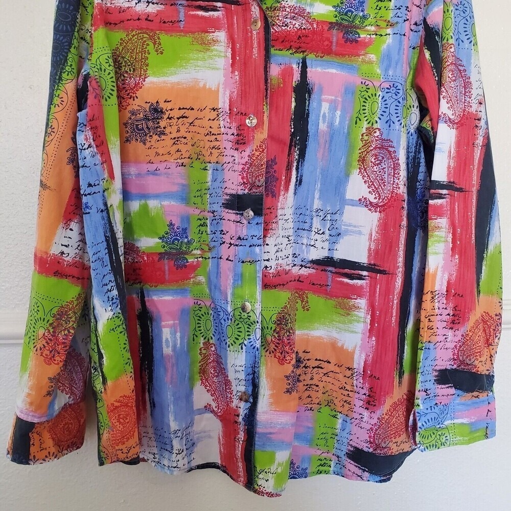 TravelSmith Womens XL Abstract Paisley Script Print Button Up Shirt Multi-Color - Picture 3 of 14